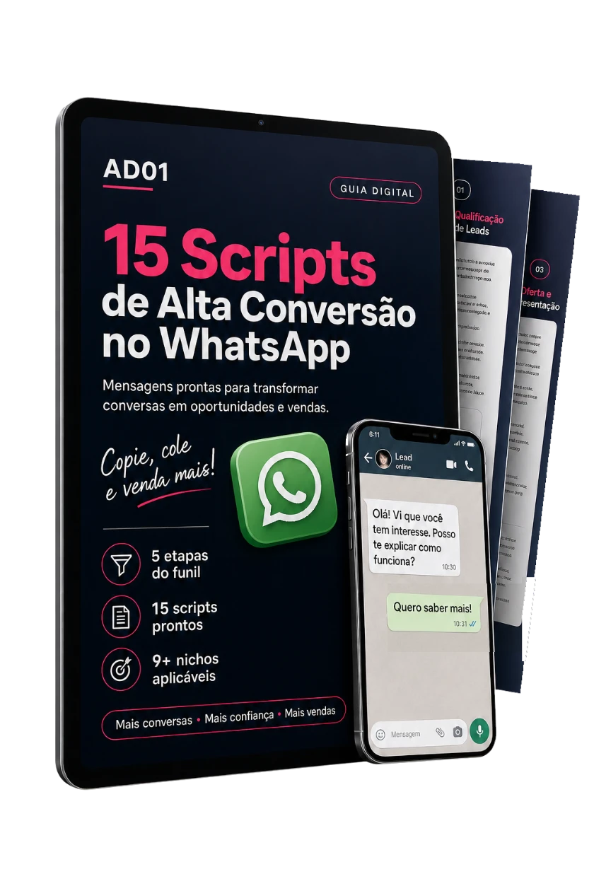 Guia 15 Scripts de Alta Conversão no WhatsApp — mockup em tablet e celular